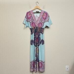 CALESAS Maxi Dress Multicolor Floral Smocked SS Bohemian Babydoll NWOT